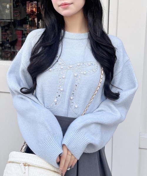 INGNI（イング）の「リボン×ビジューもちもちニット（ニット/セーター・レディース・サックスブルー/ブラック/オフホワイト/ピンク・M）」の13枚目の写真