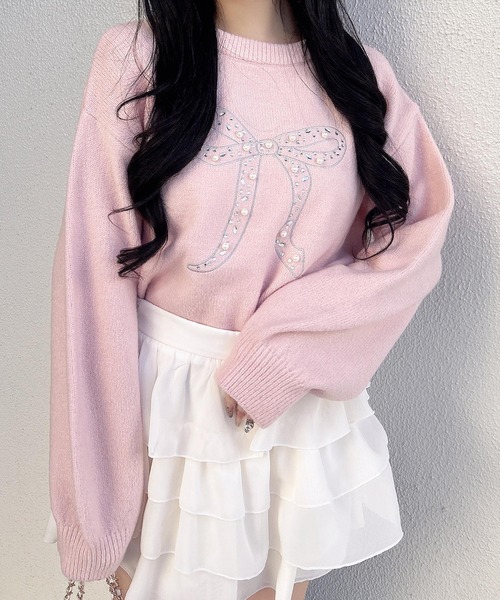 INGNI（イング）の「リボン×ビジューもちもちニット（ニット/セーター・レディース・サックスブルー/ブラック/オフホワイト/ピンク・M）」の6枚目の写真