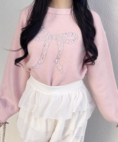 INGNI（イング）の「リボン×ビジューもちもちニット（ニット/セーター・レディース・サックスブルー/ブラック/オフホワイト/ピンク・M）」の7枚目の写真