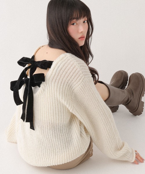 Heather(ヘザー)の「ベロアリボンチュニックニット 636824(ニット/セーター・レディース・ピンク/アイボリー/グレー・FREE)」の15枚目の写真