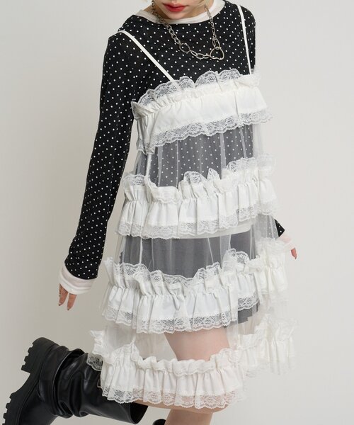 w closet（ダブルクローゼット）の「レースティアードミニキャミワンピ（シャツ/ブラウス・レディース・オフホワイト/ブラック/チャコールグレー・FREE）」の2枚目の写真