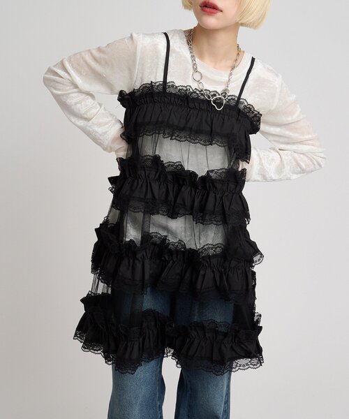 w closet（ダブルクローゼット）の「レースティアードミニキャミワンピ（シャツ/ブラウス・レディース・オフホワイト/ブラック/チャコールグレー・FREE）」の14枚目の写真