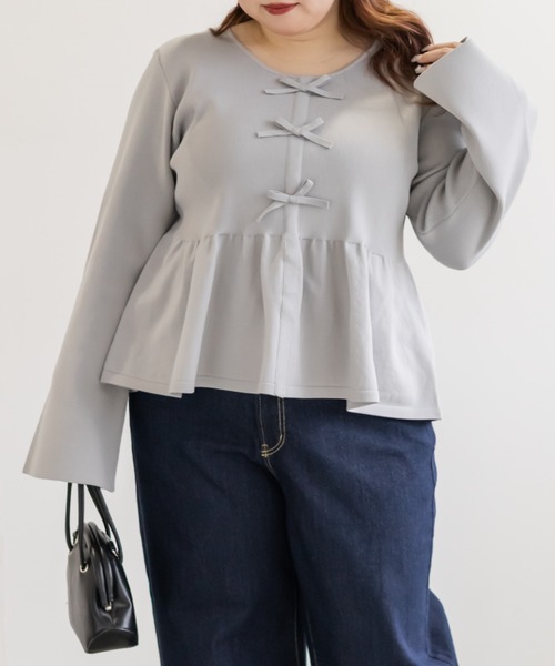 CLETTE(クレット)の「CLETTEオリジナルペプラムリボンニットプルオーバー(ニット/セーター・レディース・ブラック/ラベンダー/グレー・4L/3L/LL)」の2枚目の写真