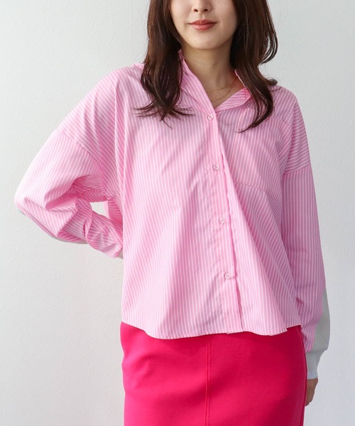 Three Four Time(スリーフォータイム)の「バックヨークテープブラウス(シャツ/ブラウス・レディース・ピンク/オフホワイト/ブルー・FREE)」の3枚目の写真