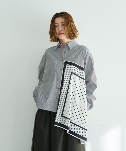 Editt by YECCA VECCA(エディットバイイェッカヴェッカ)の「スカーフデザインアシメシャツ(シャツ/ブラウス・レディース・ストライプ/ホワイト・FREE)」の3枚目の写真