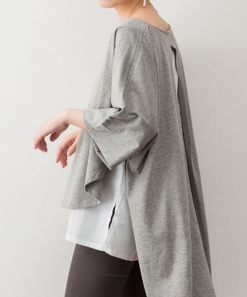 aity(アイティ)の「M-5L レイヤード風 ビッグシルエットカットソー 夏服(Tシャツ/カットソー・レディース・ブラック/カーキ/杢グレー/ブラウン系・4L~5L/LL~3L/M~L)」の3枚目の写真