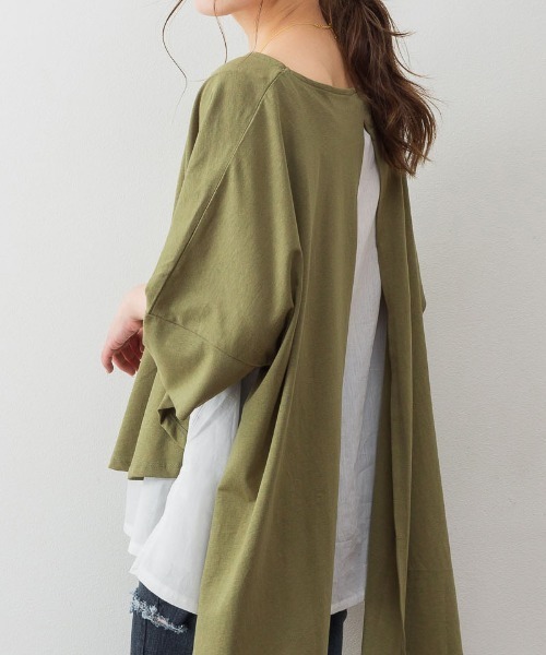 aity(アイティ)の「M-5L レイヤード風 ビッグシルエットカットソー 夏服(Tシャツ/カットソー・レディース・ブラック/カーキ/杢グレー/ブラウン系・4L~5L/LL~3L/M~L)」の1枚目の写真