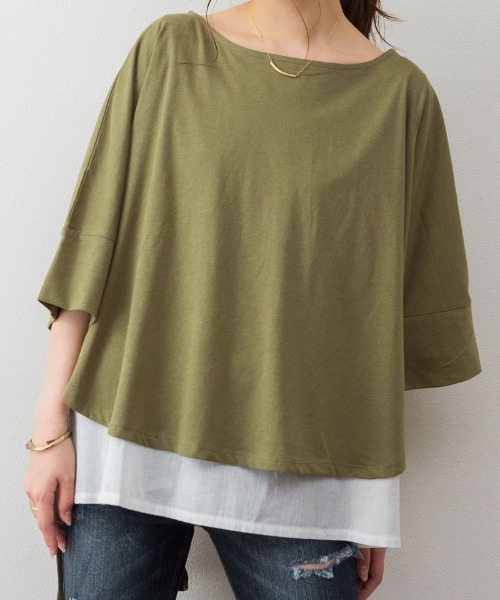 aity(アイティ)の「M-5L レイヤード風 ビッグシルエットカットソー 夏服(Tシャツ/カットソー・レディース・ブラック/カーキ/杢グレー/ブラウン系・4L~5L/LL~3L/M~L)」の18枚目の写真