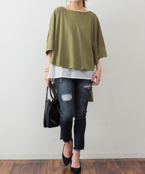 aity(アイティ)の「M-5L レイヤード風 ビッグシルエットカットソー 夏服(Tシャツ/カットソー・レディース・ブラック/カーキ/杢グレー/ブラウン系・4L~5L/LL~3L/M~L)」の19枚目の写真