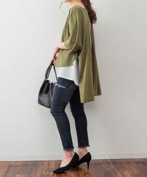 aity(アイティ)の「M-5L レイヤード風 ビッグシルエットカットソー 夏服(Tシャツ/カットソー・レディース・ブラック/カーキ/杢グレー/ブラウン系・4L~5L/LL~3L/M~L)」の20枚目の写真