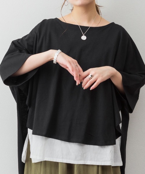 aity(アイティ)の「M-5L レイヤード風 ビッグシルエットカットソー 夏服(Tシャツ/カットソー・レディース・ブラック/カーキ/杢グレー/ブラウン系・4L~5L/LL~3L/M~L)」の11枚目の写真