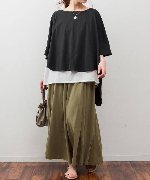 aity(アイティ)の「M-5L レイヤード風 ビッグシルエットカットソー 夏服(Tシャツ/カットソー・レディース・ブラック/カーキ/杢グレー/ブラウン系・4L~5L/LL~3L/M~L)」の5枚目の写真