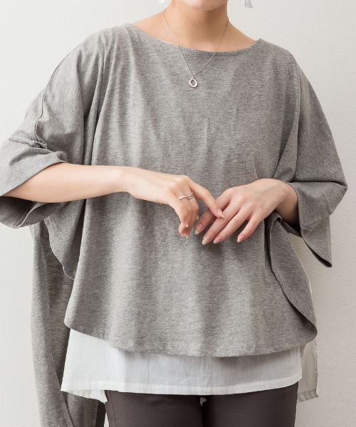 aity(アイティ)の「M-5L レイヤード風 ビッグシルエットカットソー 夏服(Tシャツ/カットソー・レディース・ブラック/カーキ/杢グレー/ブラウン系・4L~5L/LL~3L/M~L)」の8枚目の写真