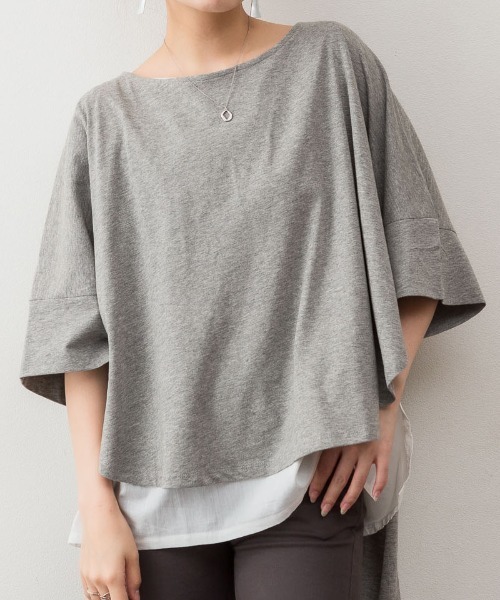 aity(アイティ)の「M-5L レイヤード風 ビッグシルエットカットソー 夏服(Tシャツ/カットソー・レディース・ブラック/カーキ/杢グレー/ブラウン系・4L~5L/LL~3L/M~L)」の10枚目の写真