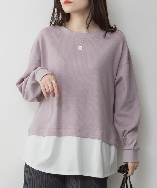 aity(アイティ)の「M-5L ワッフル裾切り替え ロングスリーブTシャツ 夏服(Tシャツ/カットソー・レディース・パープル/ブラック/カーキ/チャコールグレー/ブラウン・4L~5L/LL~3L/M~L)」の1枚目の写真
