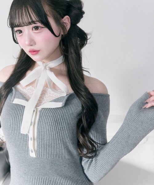 Belle Charme】Neck Ribbon Mermaid Knit Onepiece