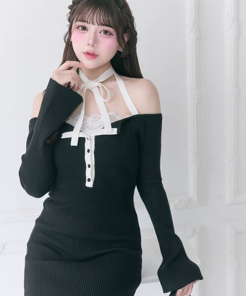 Belle Charme】Neck Ribbon Mermaid Knit Onepiece