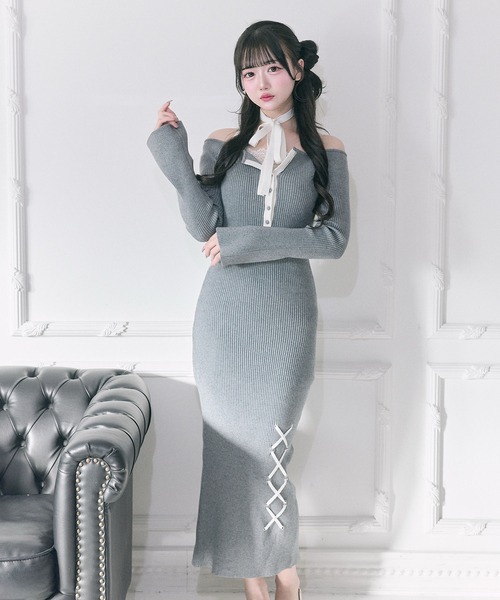 キャピタル　オリーブワンピース Belle Charme】Neck Ribbon Mermaid Knit Onepiece（ワンピース