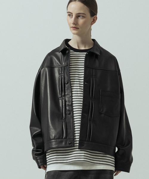 SLICK（スリック）の「【ZOZO限定】 SLICK/スリック Sheep Leather Trucker Jacket/シープレザートラッカージャケット/ショート丈（ブルゾン・メンズ・ブラック・3/1/2）」の2枚目の写真