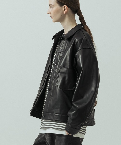SLICK（スリック）の「【ZOZO限定】 SLICK/スリック Sheep Leather Trucker Jacket/シープレザートラッカージャケット/ショート丈（ブルゾン・メンズ・ブラック・3/1/2）」の5枚目の写真