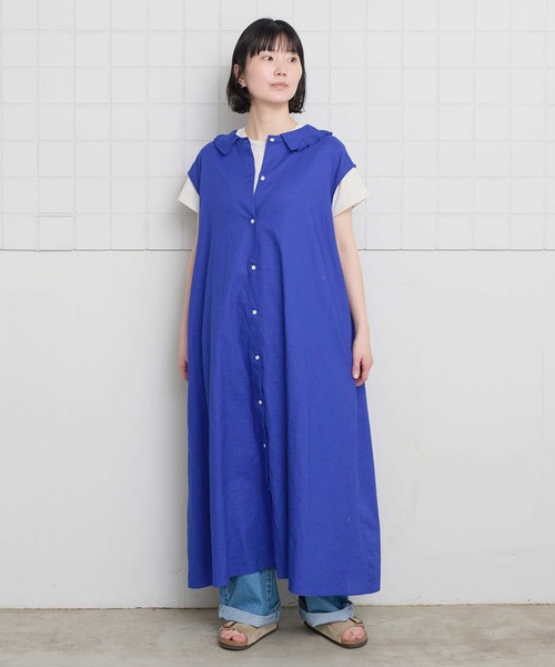 l'atelier du savon（アトリエドサボン）の「襟プリーツ綿麻ワンピース（ワンピース・レディース・ブルー/ブラック/オレンジ・FREE）」の2枚目の写真