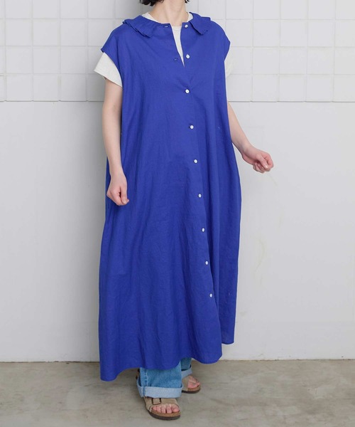 l'atelier du savon（アトリエドサボン）の「襟プリーツ綿麻ワンピース（ワンピース・レディース・ブルー/ブラック/オレンジ・FREE）」の4枚目の写真