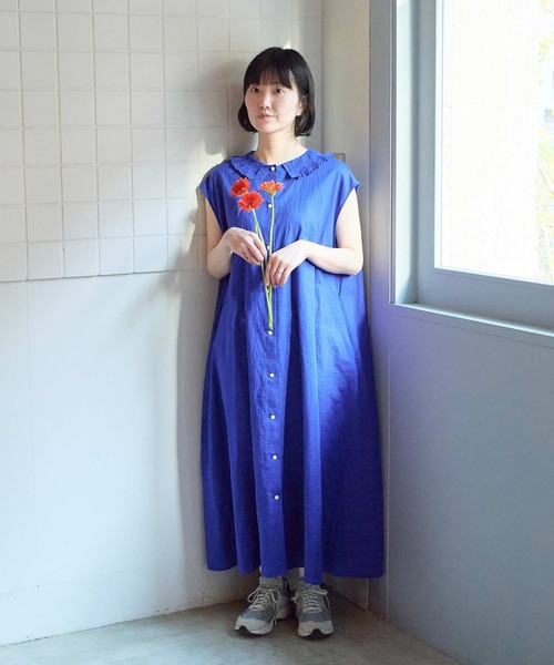 l'atelier du savon（アトリエドサボン）の「襟プリーツ綿麻ワンピース（ワンピース・レディース・ブルー/ブラック/オレンジ・FREE）」の10枚目の写真