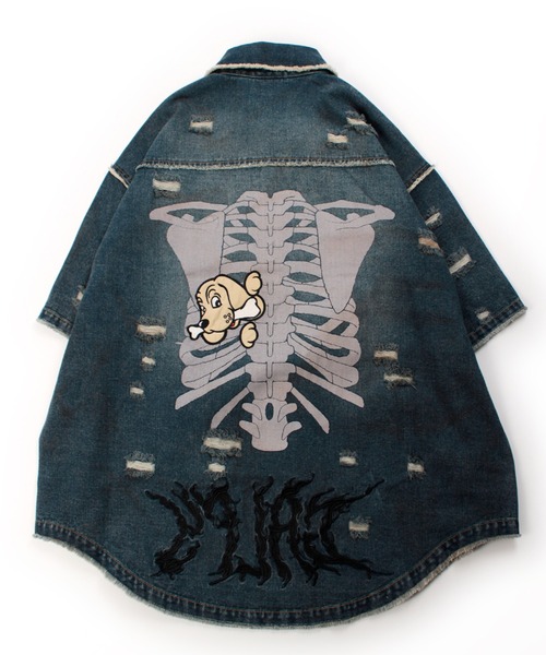 GALFY(ガルフィー)の「【GALFY/ガルフィー】クソ餓鬼ドロンコデニムシャツ(シャツ/ブラウス・メンズ・ブルー/その他/ブラック・M/XL/L)」の7枚目の写真