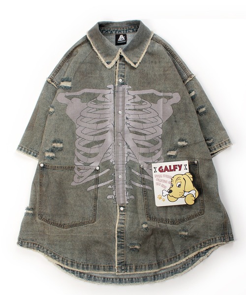 GALFY(ガルフィー)の「【GALFY/ガルフィー】クソ餓鬼ドロンコデニムシャツ(シャツ/ブラウス・メンズ・ブルー/その他/ブラック・M/XL/L)」の8枚目の写真