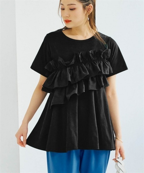 nissen(ニッセン)の「アシンメトリーフリルデザイントップス(Tシャツ/カットソー・レディース・オフホワイト/ブラック・M/L/LL/S)」の1枚目の写真