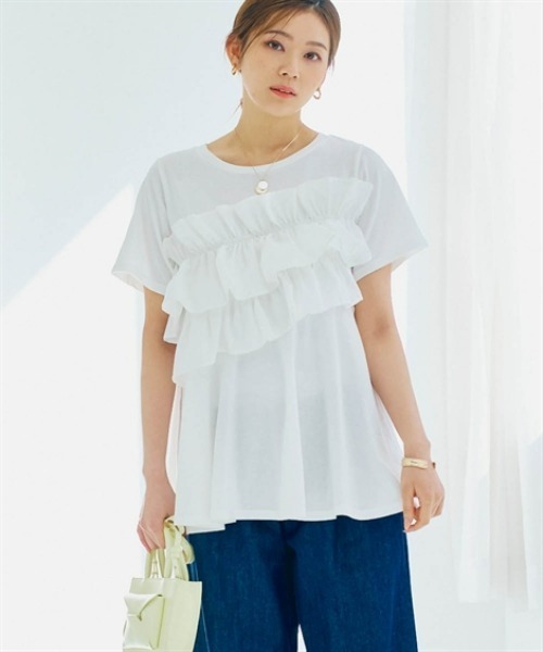 nissen(ニッセン)の「アシンメトリーフリルデザイントップス(Tシャツ/カットソー・レディース・オフホワイト/ブラック・M/L/LL/S)」の6枚目の写真