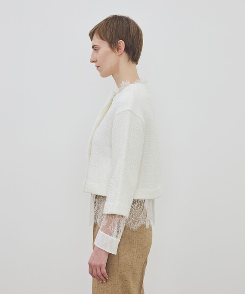 DES PRES(デ・プレ)の「インレイパターン クロップドニットジャケット(ノーカラージャケット・レディース・ホワイト/ライトベージュ・FREE)」の10枚目の写真