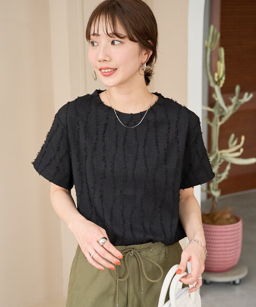 限定展開 フリンジ ストライプ 半袖 トップス（Tシャツ/カットソー 