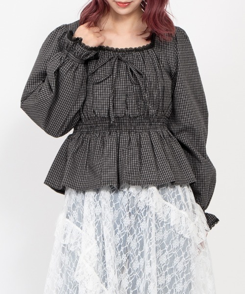 PUNYUS（プニュズ）の「チェック柄パフスリーブブラウス（シャツ/ブラウス・レディース・ホワイト/スミクロ/ネイビー・4/3/2/1）」の3枚目の写真