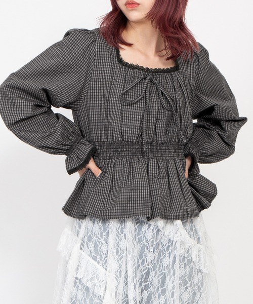 PUNYUS（プニュズ）の「チェック柄パフスリーブブラウス（シャツ/ブラウス・レディース・ホワイト/スミクロ/ネイビー・4/3/2/1）」の5枚目の写真