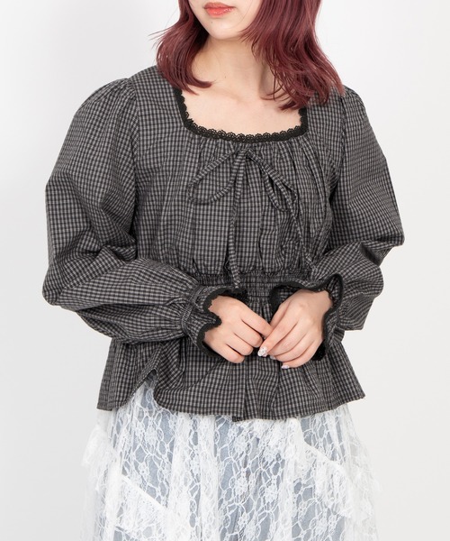 PUNYUS（プニュズ）の「チェック柄パフスリーブブラウス（シャツ/ブラウス・レディース・ホワイト/スミクロ/ネイビー・4/3/2/1）」の6枚目の写真