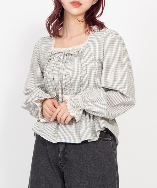 PUNYUS（プニュズ）の「チェック柄パフスリーブブラウス（シャツ/ブラウス・レディース・ホワイト/スミクロ/ネイビー・4/3/2/1）」の17枚目の写真