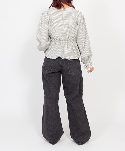 PUNYUS（プニュズ）の「チェック柄パフスリーブブラウス（シャツ/ブラウス・レディース・ホワイト/スミクロ/ネイビー・4/3/2/1）」の4枚目の写真