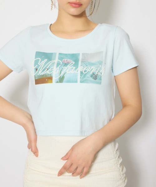rienda(リエンダ)の「【森香澄さん着用】モチーフフォトショートTシャツ 春服 夏服 半袖(Tシャツ/カットソー・レディース・ブルー/ホワイト/ピンク・FREE)」の2枚目の写真