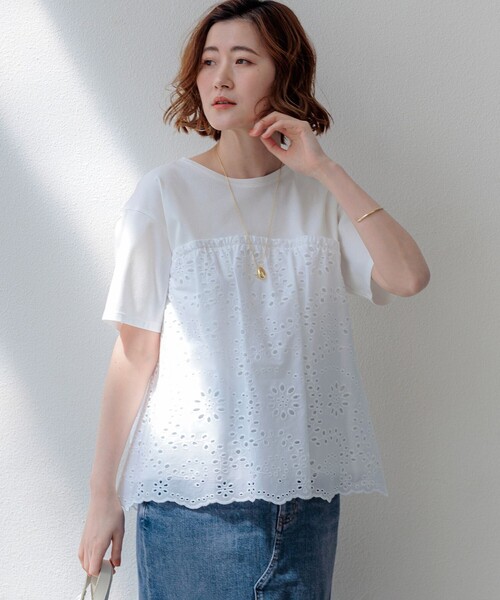 23区 半袖 カットソー ホワイト レース切替 23区｜ニジュウサンクのTシャツ/カットソー（ホワイト/白色系）通販