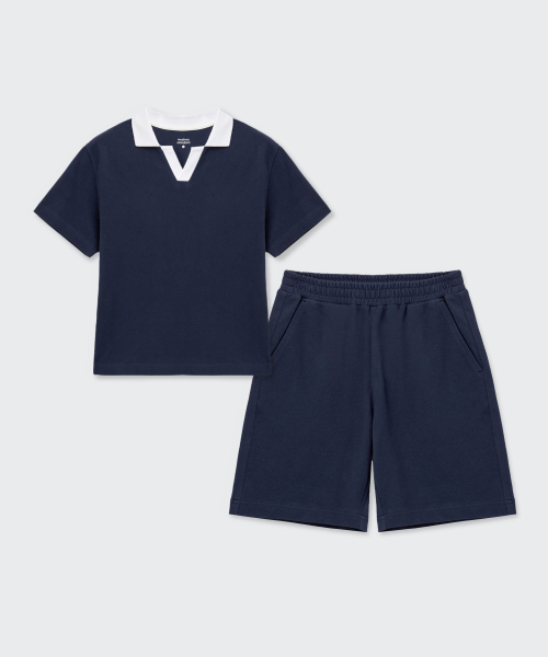 MUSINSA STANDARD KIDS（ムシンサスタンダードキッズ）の「スリットネックポロシャツセットアップ[ネイビー]（セットアップ・レディース・その他・110/120/130/140/150/160）」の3枚目の写真