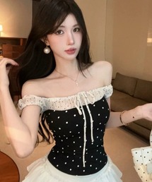 ドット柄 オフショルダー配色 Tシャツ
