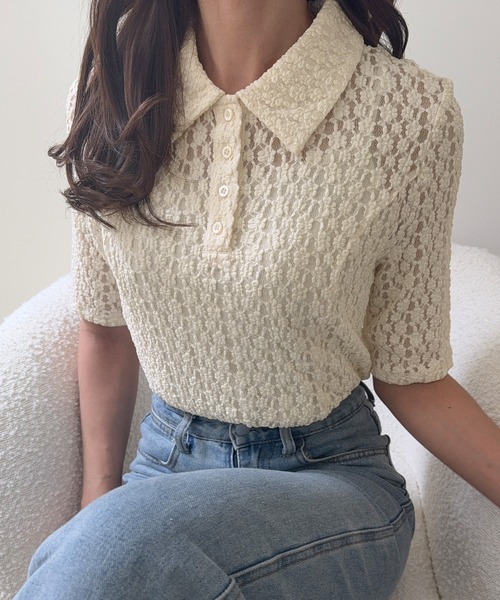 junoah(ジュノア)の「半袖カットレースポロシャツ(ポロシャツ・レディース・アイボリー/ブラック・LARGE/MEDIUM/SMALL)」の1枚目の写真