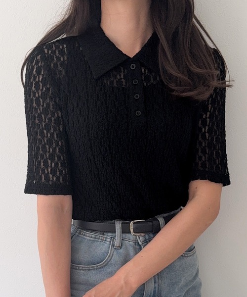 junoah(ジュノア)の「半袖カットレースポロシャツ(ポロシャツ・レディース・アイボリー/ブラック・LARGE/MEDIUM/SMALL)」の2枚目の写真
