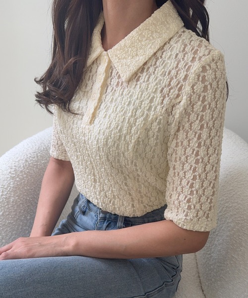 junoah(ジュノア)の「半袖カットレースポロシャツ(ポロシャツ・レディース・アイボリー/ブラック・LARGE/MEDIUM/SMALL)」の3枚目の写真