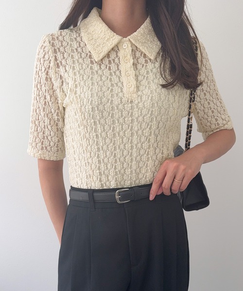 junoah(ジュノア)の「半袖カットレースポロシャツ(ポロシャツ・レディース・アイボリー/ブラック・LARGE/MEDIUM/SMALL)」の4枚目の写真
