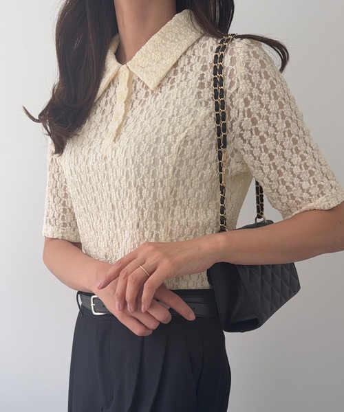 junoah(ジュノア)の「半袖カットレースポロシャツ(ポロシャツ・レディース・アイボリー/ブラック・LARGE/MEDIUM/SMALL)」の5枚目の写真