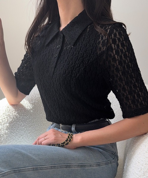 junoah(ジュノア)の「半袖カットレースポロシャツ(ポロシャツ・レディース・アイボリー/ブラック・LARGE/MEDIUM/SMALL)」の7枚目の写真