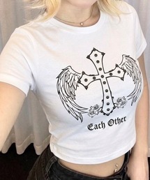 【26年春夏新作】Y2Kデザイン スタッズアクセント クロス&羽モチーフ 半袖Tシャツ