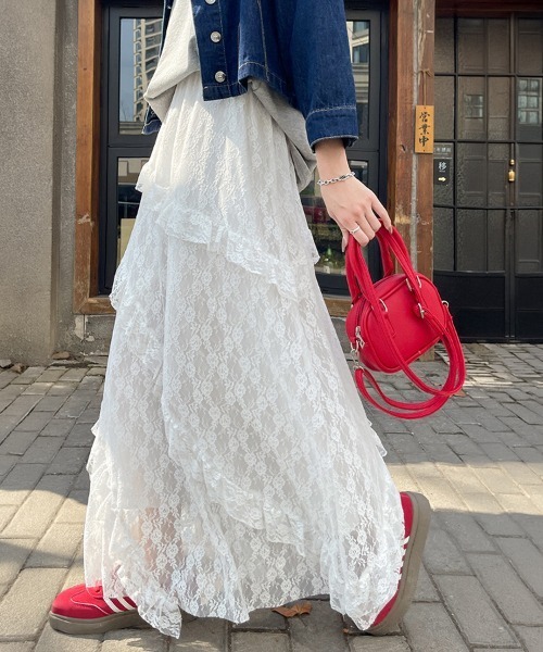 mielu(ミエル)の「デザインフリルフレアレーススカート(スカート・レディース・ホワイト・LARGE)」の1枚目の写真